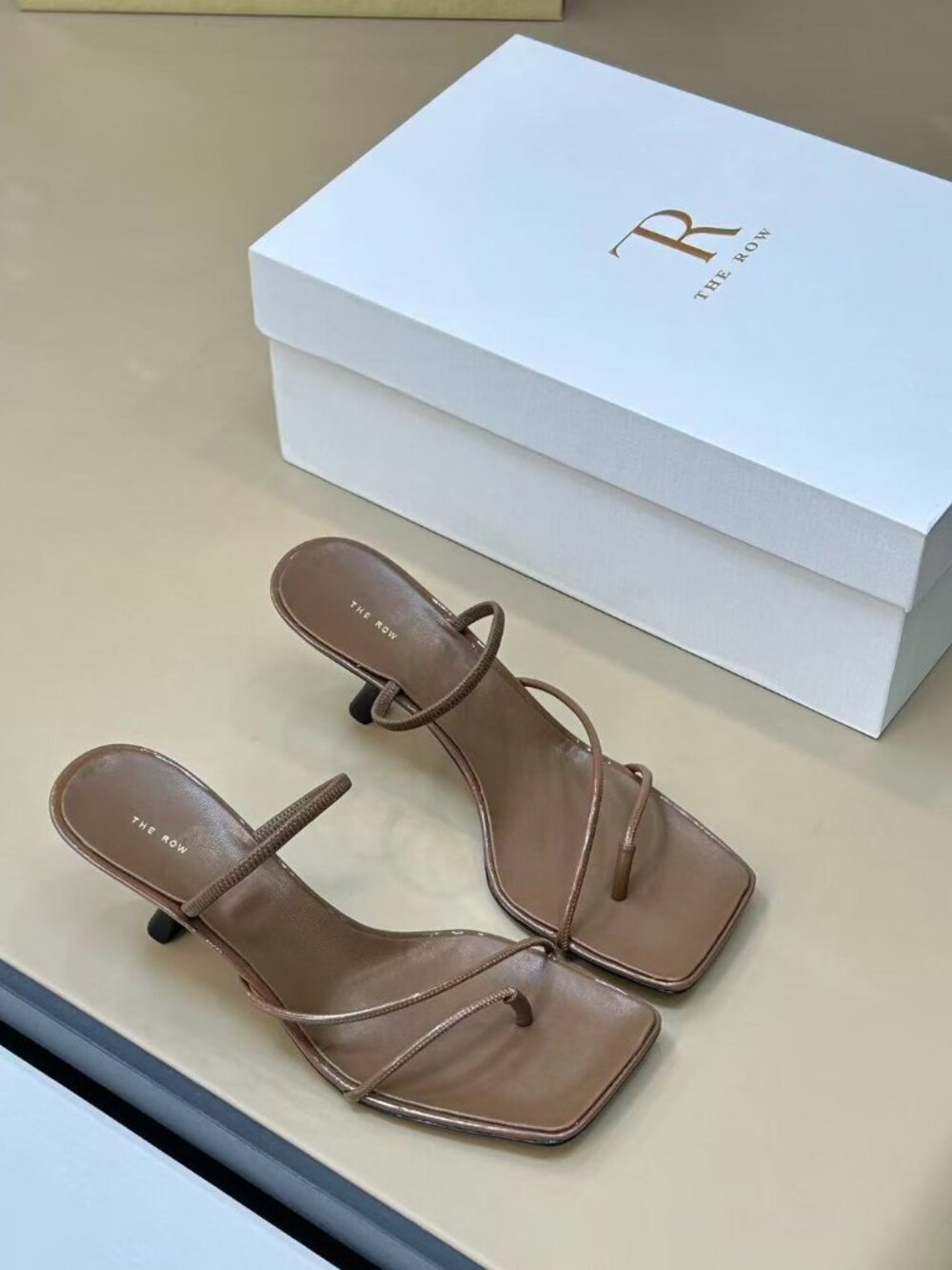 The Row Brown Leather Square Toe Strappy Kitten Heel Sandals